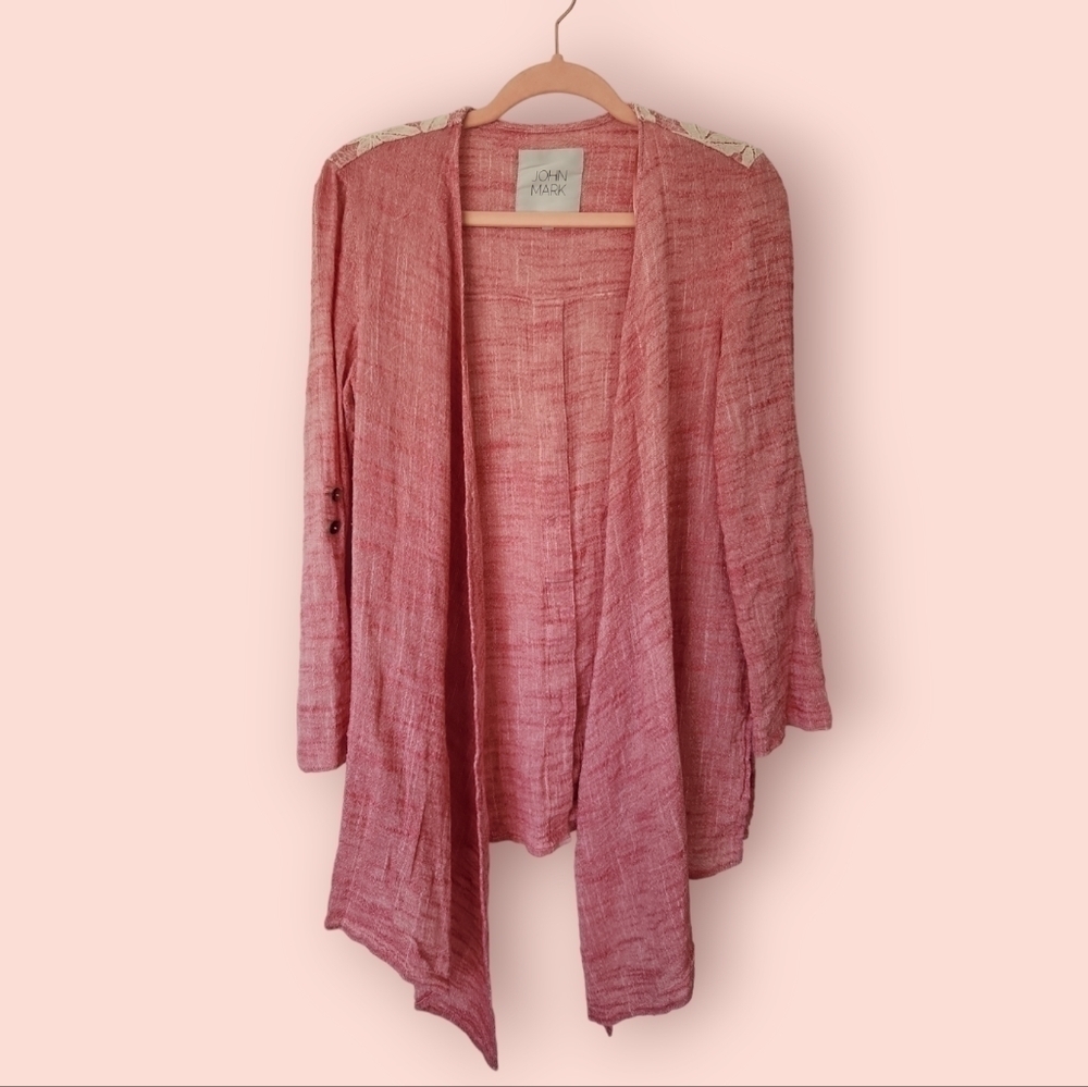 JOHN MARK‎ | EUC Pink Floral Lace Embroidered Linen Blend Open Cardigan Size S